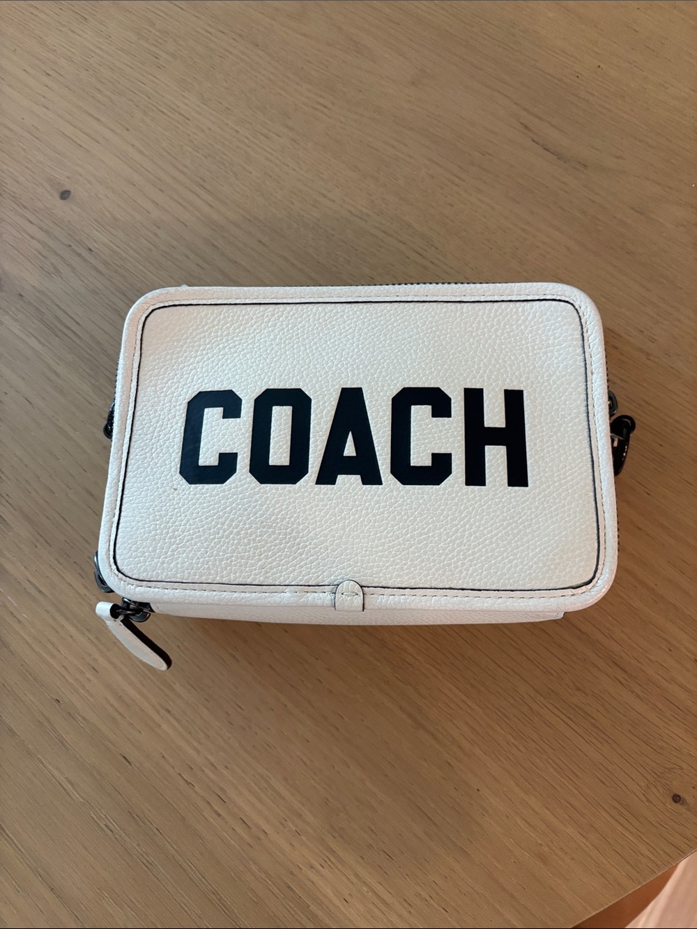 Coach White Pebbled Leather Logo Camera Bag with Black Lettering